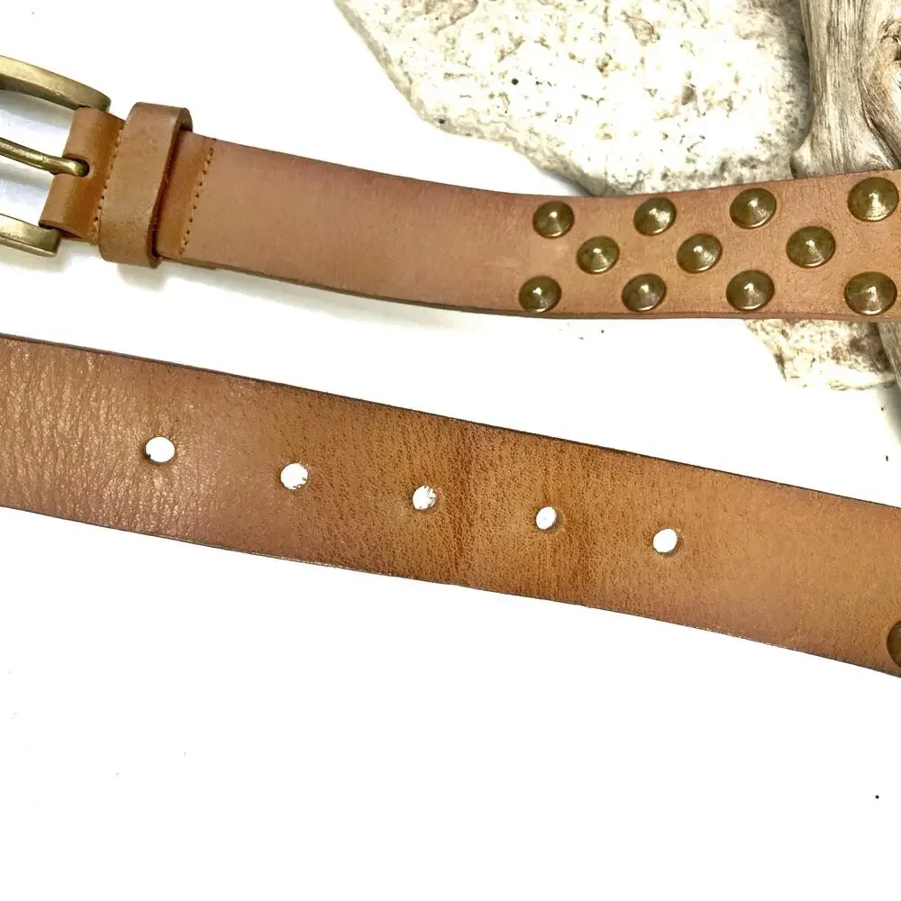 Vintage Nine West Cognac Leather Studded Belt Y2K Unisex Brass Punk Moto Western